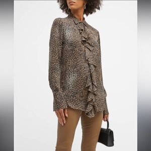 NEW Frame Leopard Print Ruffle Front Silk Blouse Size XS